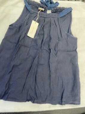 New with Tags, navy linen, sleeveless, pleated front, tie-neck top/Shirt